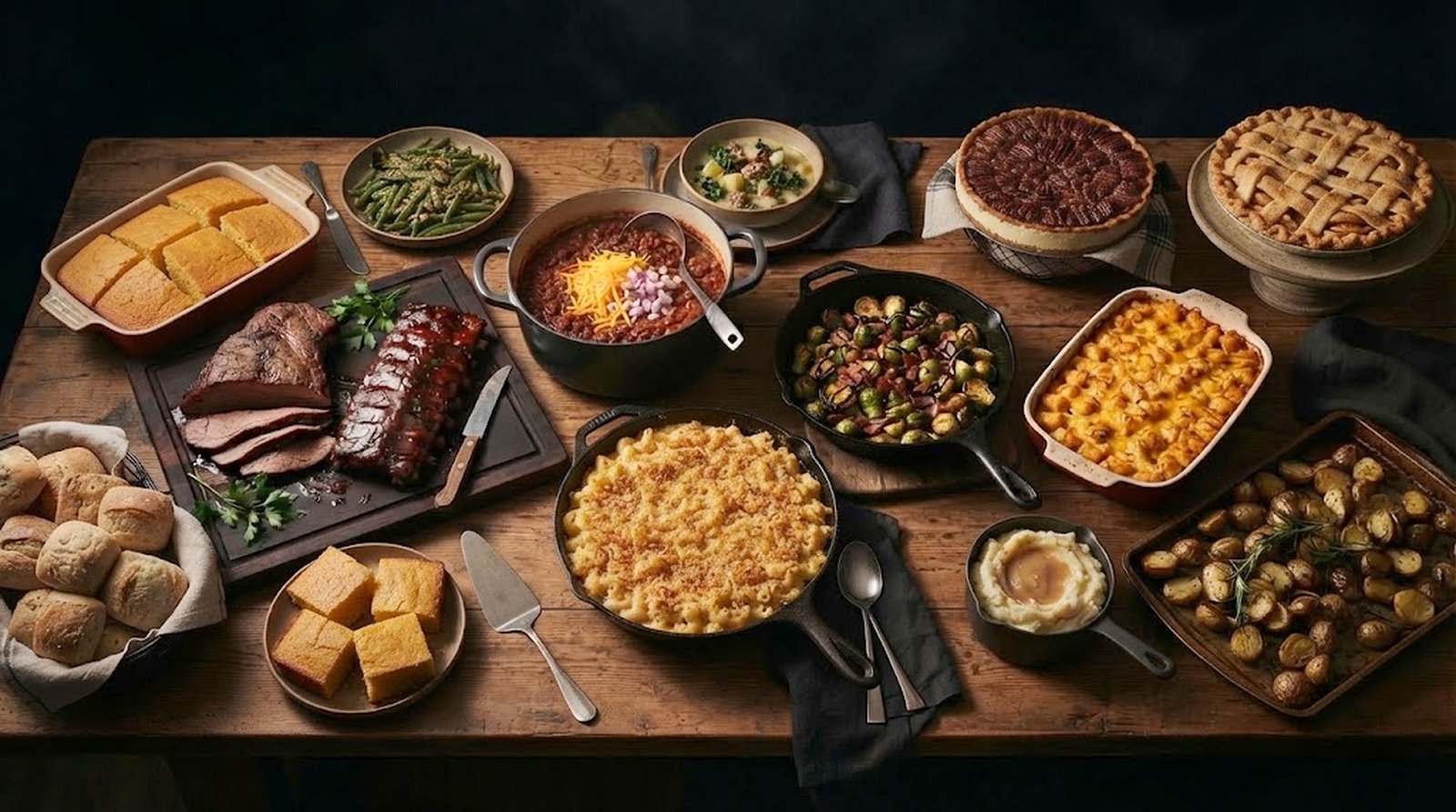A warm, wide spread of Cookin' Comfort homestyle dishes on a rustic wooden table — sliced smoked brisket and ribs, cornbread, chili with all the fixings, brussels sprouts, mac and cheese, roasted potatoes, pecan and apple pie, and dinner rolls