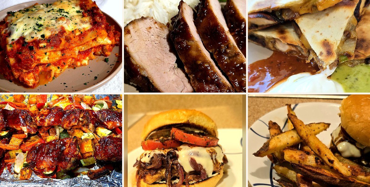 A collage of Cookin' Comfort dishes: sausage lasagna, char siu pork, chicken quesadillas, BBQ chicken sheet pan dinner, a loaded chicken sandwich, and oven fries