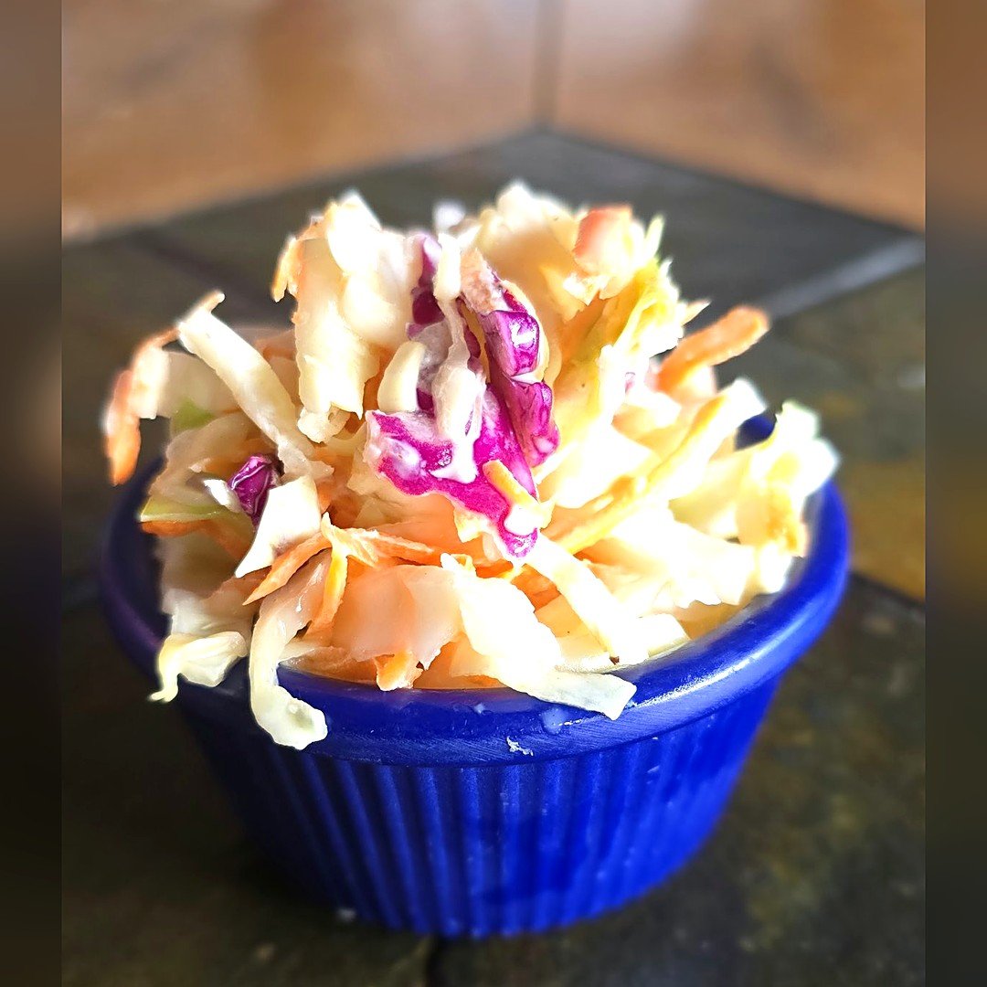 KFC copycat coleslaw in a blue ramekin
